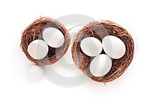 Two nests with eggs on white background, isolated