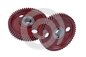 Two new brown plastic gears isolated on a white background