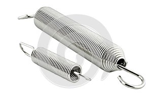 Two new steel springs lying next to each other, isolated on a white background.