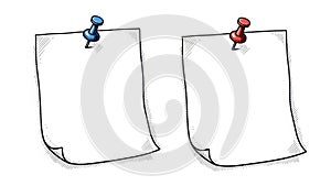 Two notes with pushpins isolated on white background