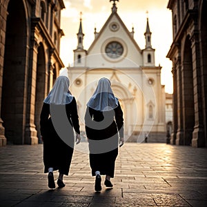 Two nuns walking in front of cathedral