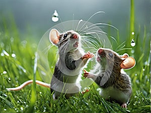 two nutrias fighting in grass, pair of mice playing in grass