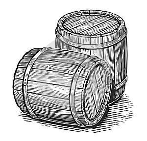 Two oak barrels, hand drawn sketch. Wooden casks, kegs illustration