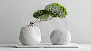 Two objects are placed on a rectangular white platform