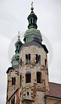 Two octagonal towers of Church of St. Andrew 1079 - 1098 at Grodzka Street in Old Town district, is historical Romanesque church
