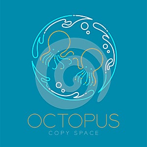 Two Octopus, Water splash circle and Air bubble logo icon outline stroke set dash line design illustration isolated on blue