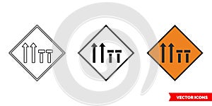 Two offside lanes of four closed roadworks sign icon of 3 types color, black and white, outline. Isolated vector sign symbol