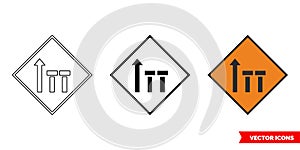 Two offside lanes of three closed roadworks sign icon of 3 types color, black and white, outline. Isolated vector sign symbol