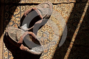 Two old brown slippers on a rug in sunlight