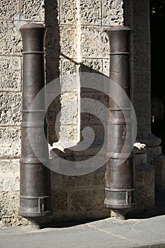 Two old cannon trunks stand upright near the wall of the Palace of Captain-Generals photo