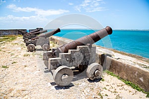 Two old cannons of Fort San Sebastian guard Mozambique island Sao Sebastiao, Ilha de Mocambique, Indian ocean, Mozambique.