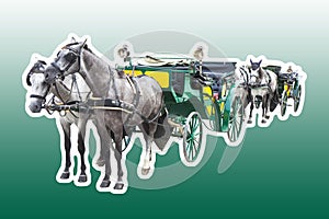 Two old carriages pulled by a couple of horses - image isolated