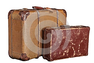 Two old-fashioned scratched brown suitcases - white, isolated