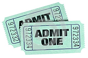 Two old green admit one tickets isolated white background