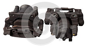 Two old metal brake caliper on a white background in a photo studio for replacement during the repair of the chassis or for a