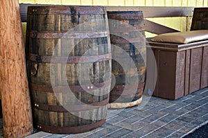 Two old oak wine casks against wall