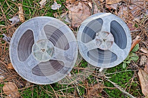 two old plastic brown gray magnetic reel for a tape recorder