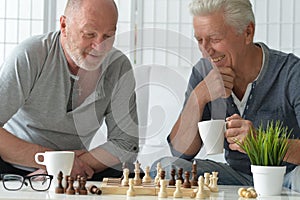 two old senior men playing chess at home