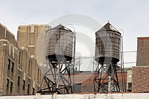 Two old style wooden water tanks on rooftop, Greenwich Village