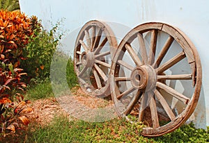 Two old wagon wooden wheels