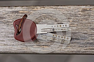 Two old white brown door keys on a ring