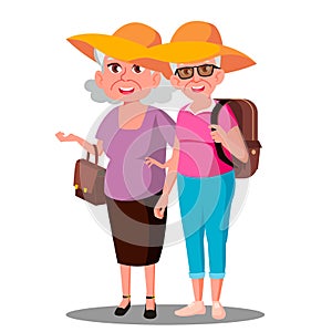 Two Old Women Friends In Hats Enjoing Vacation Vector. Isolated Illustration