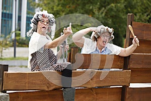 Two old Women shouting over the garden fence