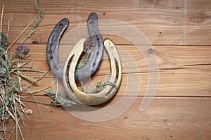 Two old worn horseshoes and dry grass of clover and cereals on the background of old wooden planks.