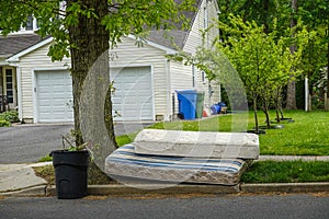 Two old worn out mattresses by a tree at the curb near a trash can in front of a house photo