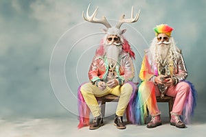 Two older rainbow bearded men in strange pastel outfits. Santa Claus with horns. Generative AI