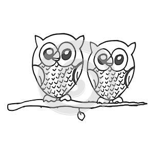 Two olws on a branch illustration isolated on white background. hand drawn vector. coloring concept for kids. doodle art for logo,