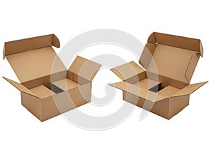Two open cardboard boxes with cutouts on white background isolated on white background