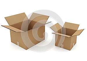 Two open cardboard boxes isolated on white background