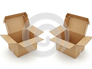 Two open cardboard boxes on white background isolated on white background
