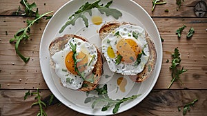 two open-faced sandwiches featuring perfectly fried eggs with runny yolks, resting on toasted slices of artisan bread photo