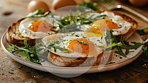 two open-faced sandwiches featuring perfectly fried eggs with runny yolks, resting on toasted slices of artisan bread photo