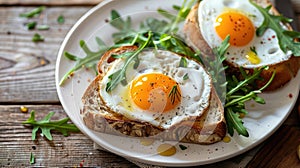 two open-faced sandwiches featuring perfectly fried eggs with runny yolks, resting on toasted slices of artisan bread photo