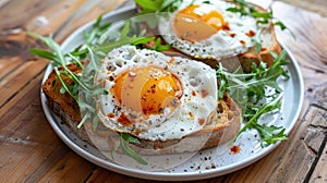 two open-faced sandwiches featuring perfectly fried eggs with runny yolks, resting on toasted slices of artisan bread photo