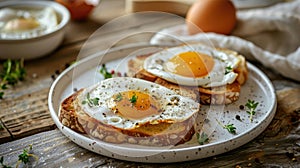 two open-faced sandwiches featuring perfectly fried eggs with runny yolks, resting on toasted slices of artisan bread photo