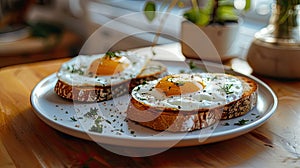 two open-faced sandwiches featuring perfectly fried eggs with runny yolks, resting on toasted slices of artisan bread photo