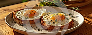 two open-faced sandwiches featuring perfectly fried eggs with runny yolks, resting on toasted slices of artisan bread photo