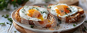 two open-faced sandwiches featuring perfectly fried eggs with runny yolks, resting on toasted slices of artisan bread photo