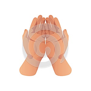 Two open palms offer a prayer. Gestures, hands clasped together. Religion, faith. Vector illustration. For design