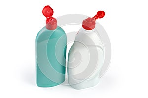 Two open plastic bottle of cleaning agent on white background