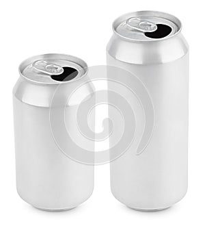 Two opened aluminum cans of beer on white