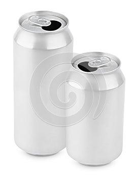 Two opened aluminum cans of beer on white