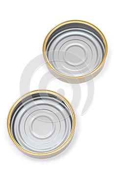 Two Opened Empty Tin Cans Isolated on White Background