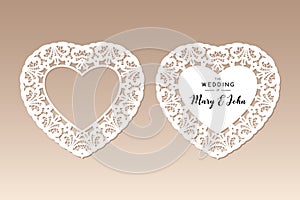 Two openwork hearts with floral ethnic pattern. Laser cutting template.