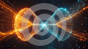 Two operator symbols misaligned on wavefunction grid, capturing [x,p] = i commutators, subtle cosmic flair