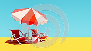 Two orange beach chairs with parasol on blue summer background